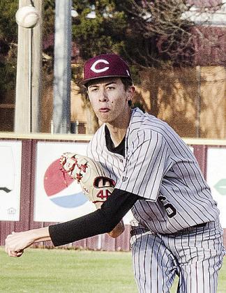 No. 6 Conner Meget throws fire from the mound during Clinton’s home-opening win Tuesday over Western Heights. CDN | Sam Goodwyn