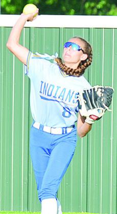 No. 8 PiperRilee Sawatzky hurls the ball back into the infield during the Class 3A State Championship Monday against Caddo. CDN | Sam Goodwyn