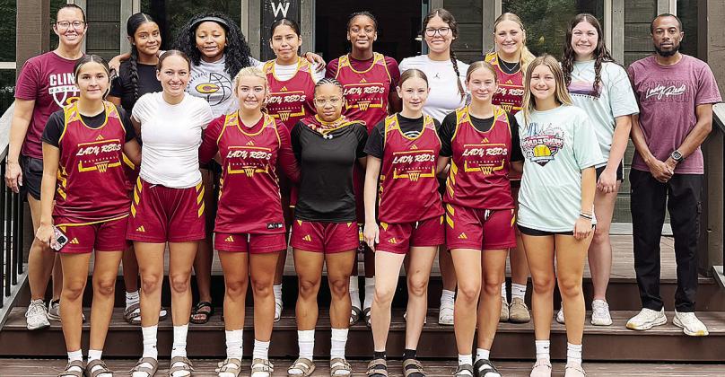 The Clinton Lady Reds basketball team comes together while in Broken Bow for a summer camp. Pictured in front, from left, are Emily De La Rosa, Paisley Ruyle, Laney Anderson, Ale-Jia Lacey, Hannah Miller, Sydney Pugh and Hadley Meget; back, Coach Ashley Griffith, Tina Rodriguez, Arlena Kirkendoll, Jaeda Blackeagle, Tariah Elix, Arianna Spottedwolf-Pratt, Rhylee Rodebush, Brook Aston and Coach Two Jefferson. CDN | Courtesy photo