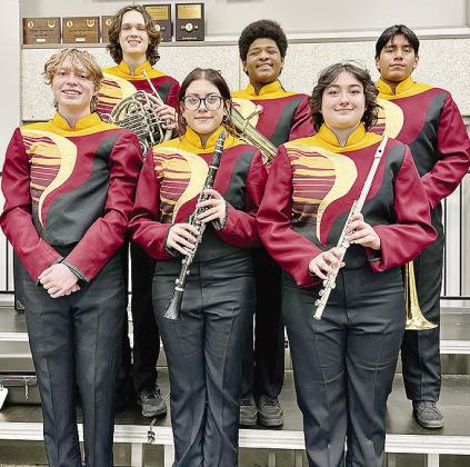Clinton High School students selected to Shortgrass Honor Band, front from left, Wyler Smith, Azul Uribe, Grace Rivas; back, Jackson McCullough, Kristian Bennett, and Pedro Solis stand at the Pioneer Performing Arts Center in Elk City. CDN | Courtesy phot