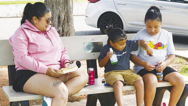 From left, Victoria Hernandez, Elise Martinez, and Evalina Martinez rest from the summer sun at the McLain Rogers Park Playground. CDN | Christian Jacobsen