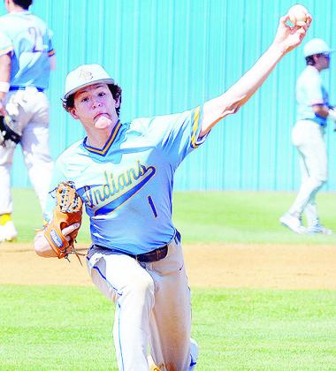 A-B’s Rylan Moore pitches in between innings during the Indians’ home game Thursday against Thomas. CDN | Sam Goodwyn
