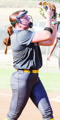 Arapaho-Butler’s Lauryn McHenry secures the ball in her glove for the out during the Lady Indians’ home win over Binger-Oney. CDN | Sam Goodwyn