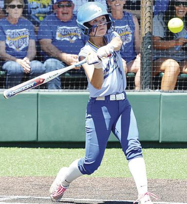 Arapaho-Butler’s Reagan Schoeppach stares down the ball as she prepares to hit it during the Lady Indians’ Class 3A State Softball Tournament game Monday against Dewar. CDN | Sam Goodwyn