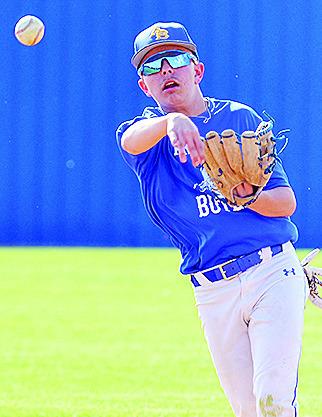 Arapaho-Butler’s Noah Cote hurls the ball toward first for the out during the Indians’ home game Monday against Clinton. CDN | Sam Goodwyn