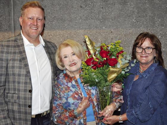 Mary Beth Mahany, middle, was honored as the Goldie Pettle Outstanding Contribution to Education Award by the Clinton Public School Foundation’s Mark Miner, left, and Tonya Gaunt. CDN | Staff Photo