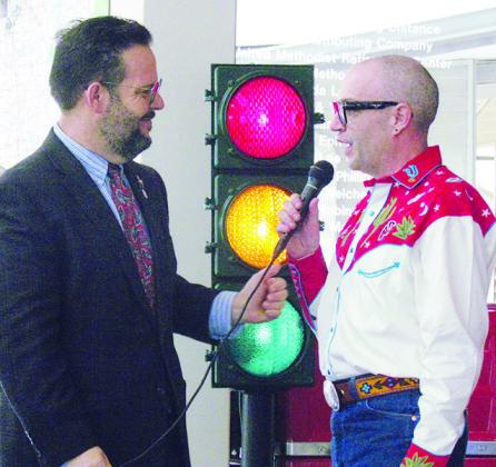 Oklahoma Historical Society Director Chantry Banks, left, introduces the new director for the Oklahoma Route 66 Museum, Cory Cart, Tuesday at the museum. CDN | Christian Jacobsen