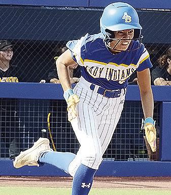 No. 8 Piper Sawatzky hustles to first during the state title game against Caddo. CDN | Sam Goodwyn