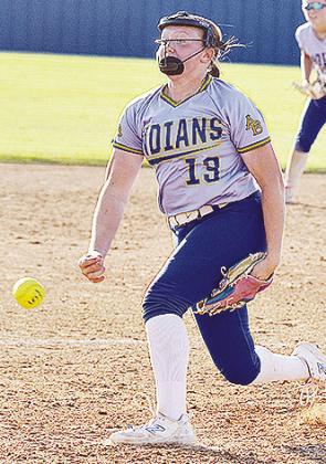 A-B’s Lauryn McHenry pitches from the circle during the Lady Indians’ one-sided win over Cheyenne-Reydon at home Friday. CDN | Sam Goodwyn