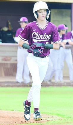 No. 0 Grant Serfoss hustles to first after receiving the free pass during Clinton’s home game against Elk City. CDN | Sam Goodwyn