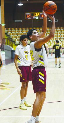 Clinton’s JJ Ruiz shoots the ball during warm-ups prior to the beginning of the second half of the JV game against Canute’s varsity team Tuesday in the Tornado Dome. CDN | Sam Goodwyn