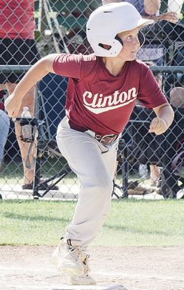 Ayden Taylor watches the ball go flying as he hustles to first during Clinton’s first-round game Thursday against the Chickasha Cardinals. CDN | Sam Goodwyn