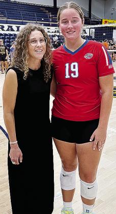 Kate Stewart, right, smiles with CBA Volleyball Coach Erin Basinger after playing in the All-State game Monday at Hamilton Field House at UCO. CDN | Courtesy photo