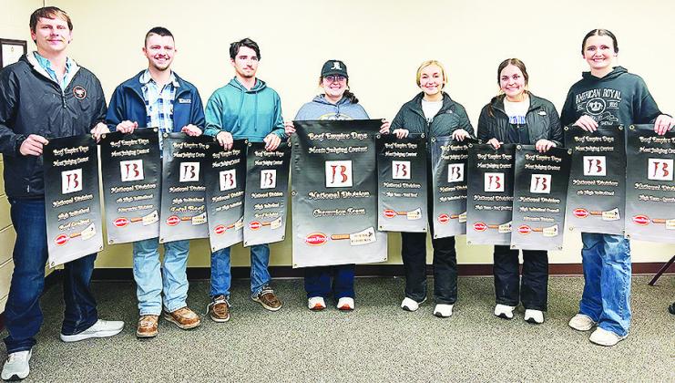 Eastern Oklahoma State College meat judging team members, from left, Eli Whitney, Dylan Neely, Robert Kincade, coach Jade Edwards, Averie Bain, Bailyn Hill and Gracie Ward pose with their awards. CDN | Courtesy photo
