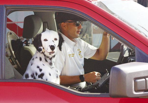 Tilly the Firehouse Dog and Assist. Chief DJ Woodall drive into work at the Clinton Fire Department. CDN | Christian Jacobsen