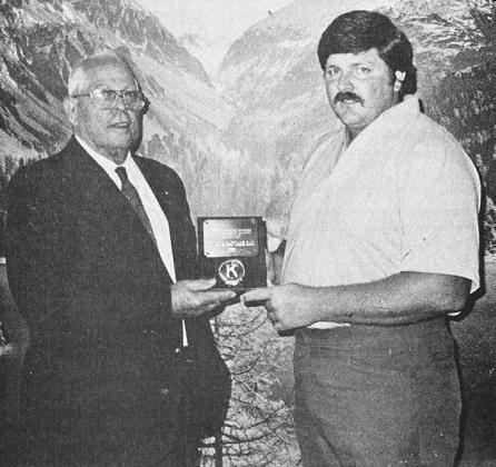 40 YEARS AGO More folks bought their tickets for the Clinton Kiwanis Club Pancake Day from Russell Glasgow, left, than from any other Kiwanian. Glasgow was recognized for his salesmanship with a plaque presented by Pancake Day chairman Ed Janning.