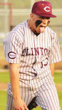 Clinton senior pitcher Manning McAtee celebrates after posting another zero on the scoreboard in the Reds’ win over Elk City. CDN | Collin Wieder
