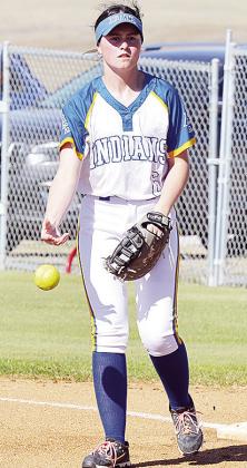 Arapaho-Butler’s Katelyn Garibay throws the ball back to the pitcher during the Lady Indians’ home game against Leedey. CDN | Sam Goodwyn