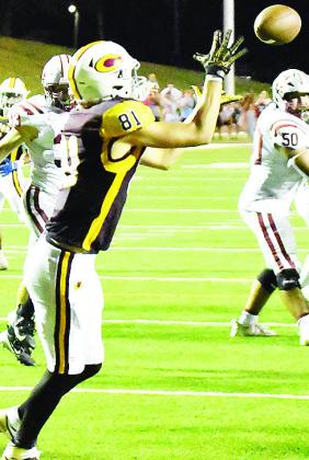 No. 81 Ben Daugherty catches the ball from quarterback Easten Powell for the game-winning two-point conversion Friday against Weatherford in the Tornado Bowl. CDN | John Kinsey