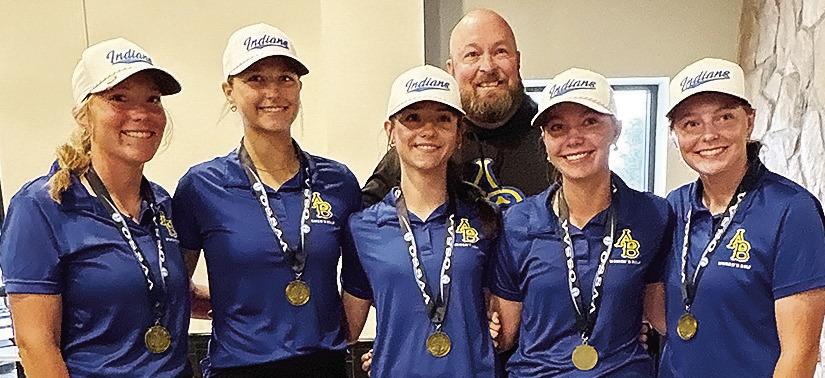 The Arapaho-Butler girls’ golf team finished third in the Class 2A Golf Tournament last week at the Muskogee Golf Club. Pictured, from left, are Brinkley Southall, Keely Baker, Tinley Moore, Coach Jay Edelen, Elisa Vels and Malley Baker. CDN | Courtesy photo