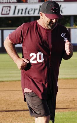 Cody Rehder hustles home for a run during the alumni game Friday night at the high school baseball field to honor Kelly Gaunt’s 37 years of coaching. CDN | Staff Photo