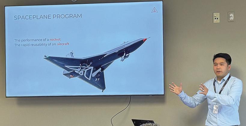 Lead Propulsion Engineer Ralph Huijsman gives a presentation over Dawn Aerospace’s Spaceplane, the MK-II Aurora. CDN | Shiann Dawson