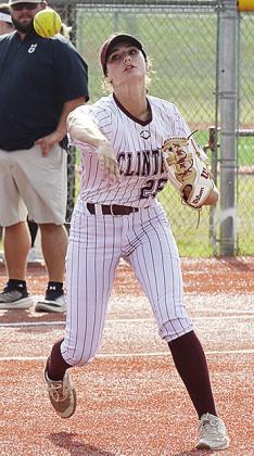 No. 25 Reese Giblet throws the ball toward first for the out during Clinton’s road game Monday in Elk City. CDN | Sam Goodwyn