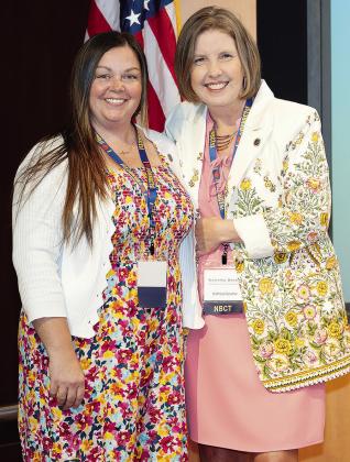Clinton Public Schools Band Director Summer Morgan, left, was honored by Katheryn Szallar at a pinning ceremony at the National Board Summit at the Oklahoma History Center in Oklahoma City. CDN | Courtesy photo