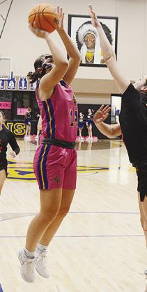 A-B’s Peyton Lambeth rises for the shot over a Calumet defender during the Lady Indians’ home contest against the Lady Chieftains. CDN | Sam Goodwyn