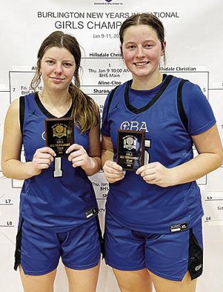After finishing runner-up to Hillsdale Christian Academy in the Burlington New Year’s Invitational Basketball Tournament, Corn Bible Academy’s Alli Slagell, left, and Kate Stewart were named to the All-Tournament team. CDN | Courtesy photo