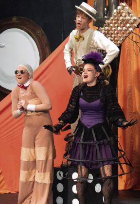 From left, front, Hannah Gregory as Earthworm and Lily Adkinson as Spider. Back is Easton Byrd as Centipede in the play “James and the Giant Peach Jr.” at Southwest Playhouse. CDN | Christian Jacobsen