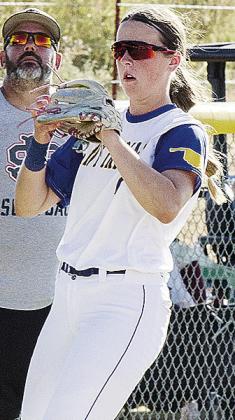 Kelsey Garibay prepares to throw the ball Tuesday after catching the fly ball for the out at third base in A-B’s home game against L-S. CDN | Sam Goodwyn
