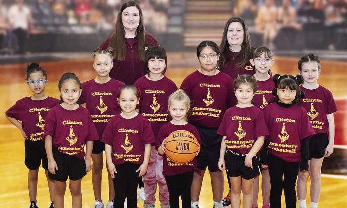 The Clinton Elementary School girls’ maroon basketball team is all smiles for its team photo. Pictured, in front, from left are Riley Spottedwolf, Audi Gutierrez, Merrit Ray, Oaklyn Stewart and MaryJose Arrellano; middle, Kingsley Brown, Journee Parsons