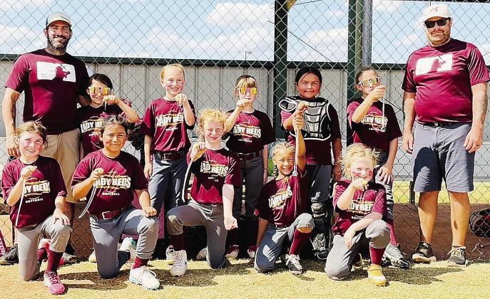 Clinton’s girls’ 8U softball team shows off its runner-ups rings during a tournament it hosted recently. Pictured from left, in front, are Delilah LaRue, Lucia Vazquez, Stella McCarther, Journee Parsons and Tomi Reeves; back, Coach Casey Vinson, Blakelee Vinson, Vivien Salinas, Brekyn Mach, Ryann Tapaha, Violet Lofland and Coach Dillon Mach. CDN |Courtesy Photo