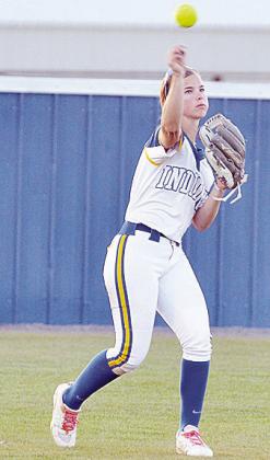 Arapaho-Butler’s Kylin Oakes throws the ball in fast during the Lady Indians’ game against Leedey to start the doubleheader. CDN | Sam Goodwyn