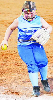 No. 2 Kynlee Brinkley steps on first base to record the out during A-B’s first game in the OK Kids 8U Softball State Tournament Wednesday night at Schumacher Fields at Acme Brick Park. CDN | Sam Goodwyn