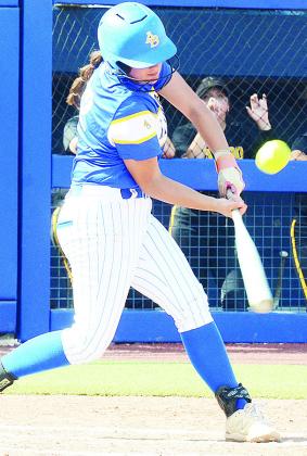 No. 22 Kylee Brinkley records a hit during A-B’s win over Caddo in the Class A Softball State Championship game Saturday at Devon Park in OKC. CDN | Sam Goodwyn