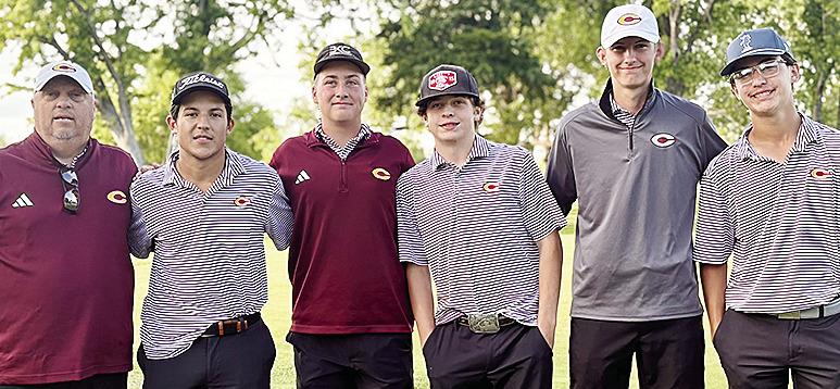 The Clinton Red Tornadoes boys’ golf team are all smiles after finishing the Class 4A Regional Tournament over in Weatherford Monday. Pictured, from left, are Coach Brent Caldwell, Sutton Hernandez, Caber Johnson, Sy Foster, Landyn Kunsman and Scout Aco