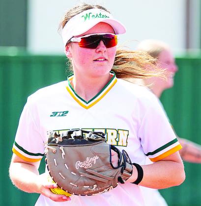 Former Arapaho-Butler softball player Katelyn Garibay focuses as she prepares to throw the ball during a game for Western Oklahoma State College. CDN | Courtesy photo