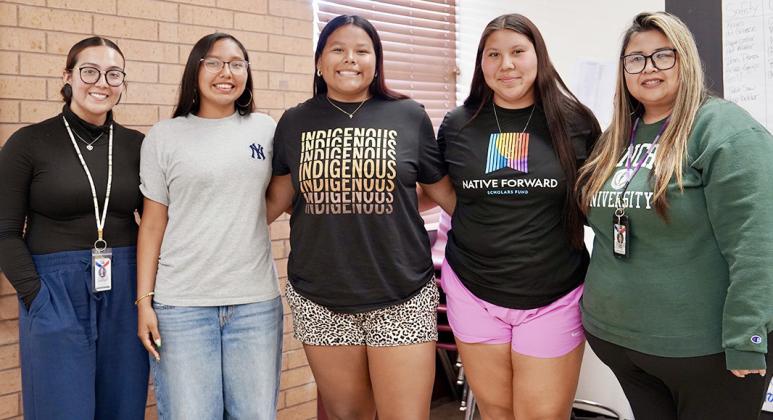 Three Clinton High School students were accepted into the Native Youth Community Project intern program. From left are Quinn Elkshoulder, NYCP coordinator; Arianna Spottedwolf; Aracelie Chavez; Marley Gamboa; and Jamie Rishel, NYCP college support adviser. CDN | Courtesy photo