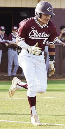 No. 5 Jesus Gutierrez hustles down the first base line as he safely gets on base during Clinton’s game against Leedey. CDN | Sam Goodwyn