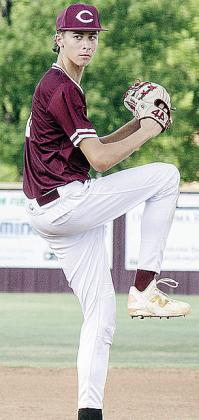 Conner Meget goes into his wind up, as he prepares to pitch during Clinton’s home game against Weatherford this summer. CDN | Sam Goodwyn