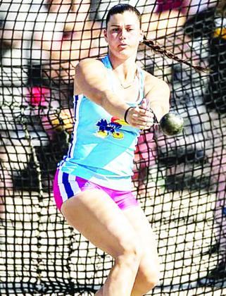 Former Clinton thrower Kat Meacham performs in the hammer throw event during a meet for KU this year. CDN | Courtesy Photo