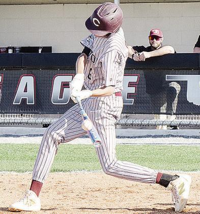 Conner Meget makes contact with the ball during Clinton’s road win Monday over Weatherford. CDN | Sam Goodwyn