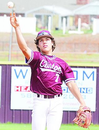 No. 7 Easten Powell throws the ball back to the pitcher during Clinton’s game against Bethany. CDN | Sam Goodwyn