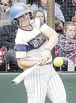 Arapaho-Butler’s Peyton Lambeth slams the ball into the outfield for a hit during the Lady Indians’ semifinal win against Ripley Wednesday at FireLake Ball Fields. CDN | Sam Goodwyn