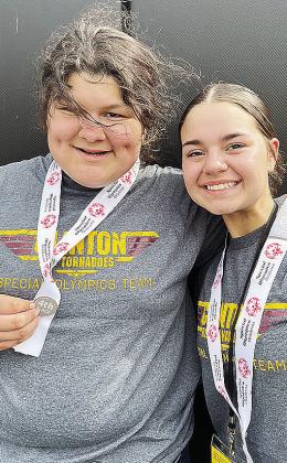 Winter Lee, left, and Tatum Shackelford smile after competing in the Unified Bocce Ball at the Special Olympics Summer State Games last week at Oklahoma State University. CDN |Courtesy Photo