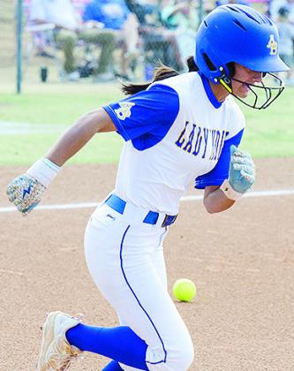 A-B’s Madi Lockhart races to first to beat out the bunt for a single during the Lady Indians’ win over Hammon. CDN | Sam Goodwyn