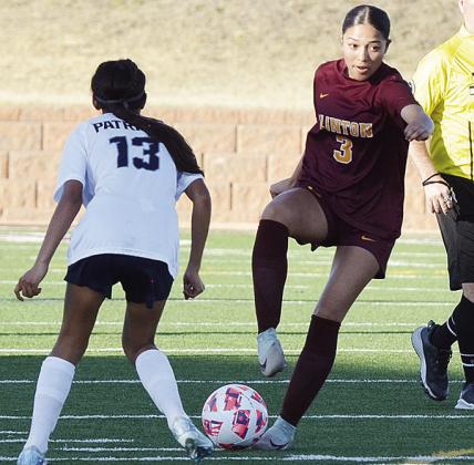 Clinton’s No. 3 Alyson Lopez avoids a Putnum City West player as she changes directions in the home win over the Lady Patriots. CDN | Sam Goodwyn