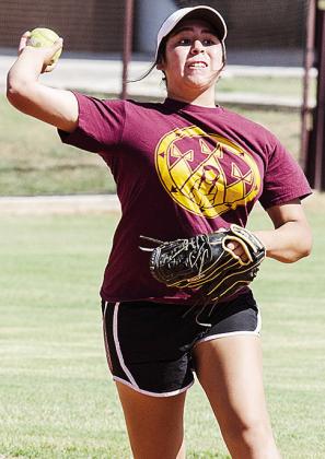 Jaeda Blackeagle hurls the ball back to her partner during preseason practice. CDN |Sam Goodwyn